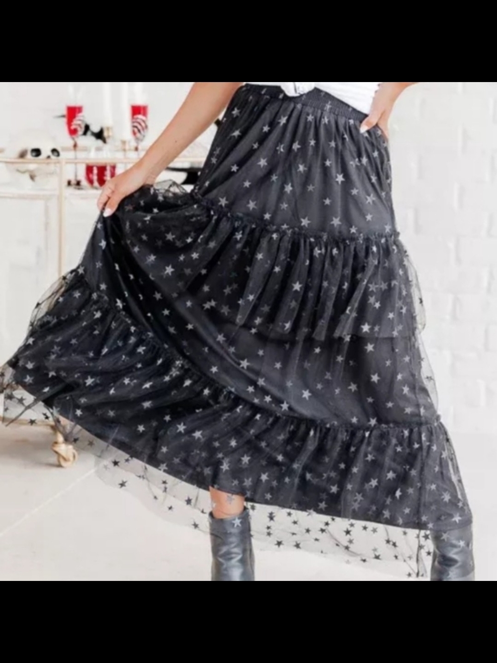 Pink Lily Black Star-Print Tiered Maxi Skirt